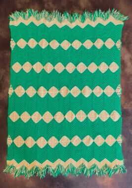 Vintage Handmade Crochet Zig Zag Green And Yellow Fringe Blanket Throw 72”x 50”